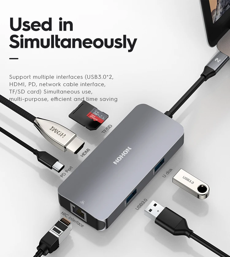 NOHON USB 3,0 концентратор USB C концентратор HDMI адаптер Ethernet для huawei mate 20 MacBook Pro USB-C концентратор 7 портов USB разветвитель SD PD кардридер