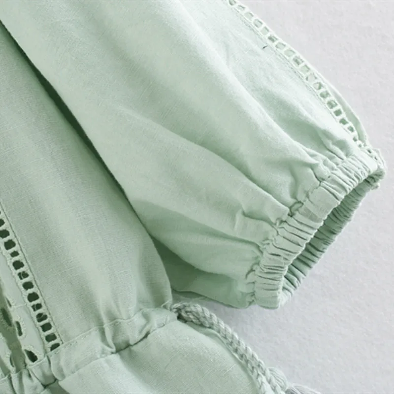 NSZ женское хлопковое льняное мини-платье с вышивкой короткое платье завязками на