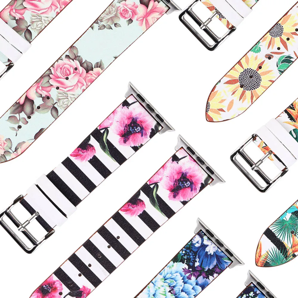 

Women Fashion Floral Print Strap for Apple Watch Band 40mm 44mm 38mm 42mm Flower Leather Bracelet for iWatch Series 6 SE 5 4 3 2