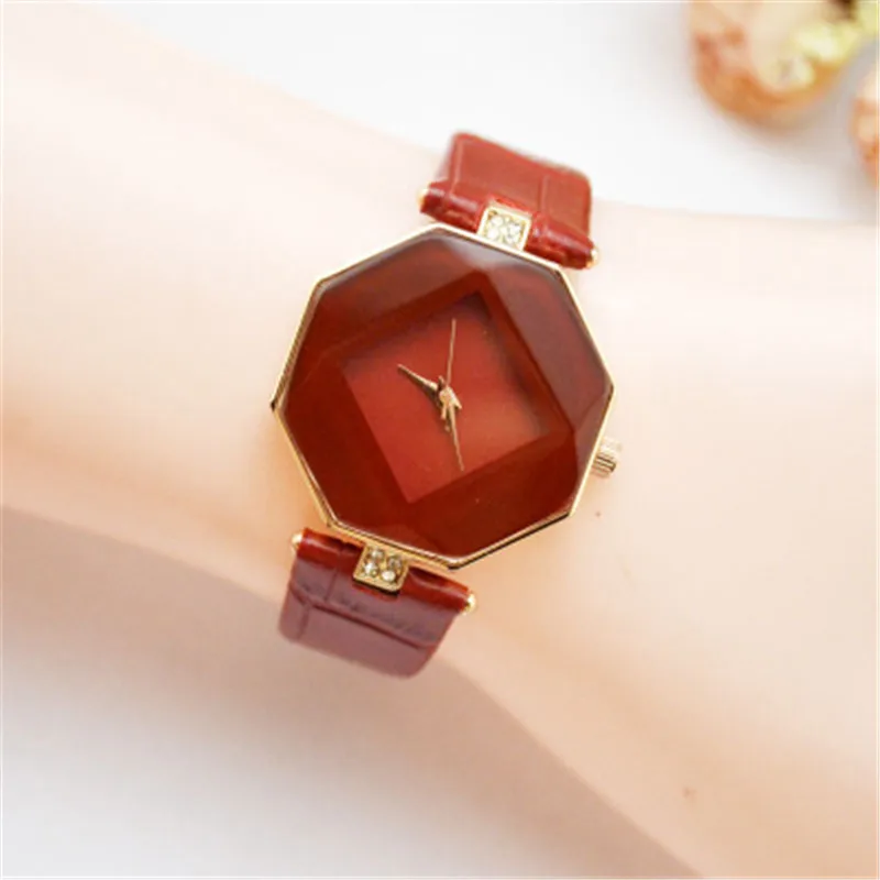 Женские часы огранка камня геометрические кристаллы кожа кварцевые Мода платье