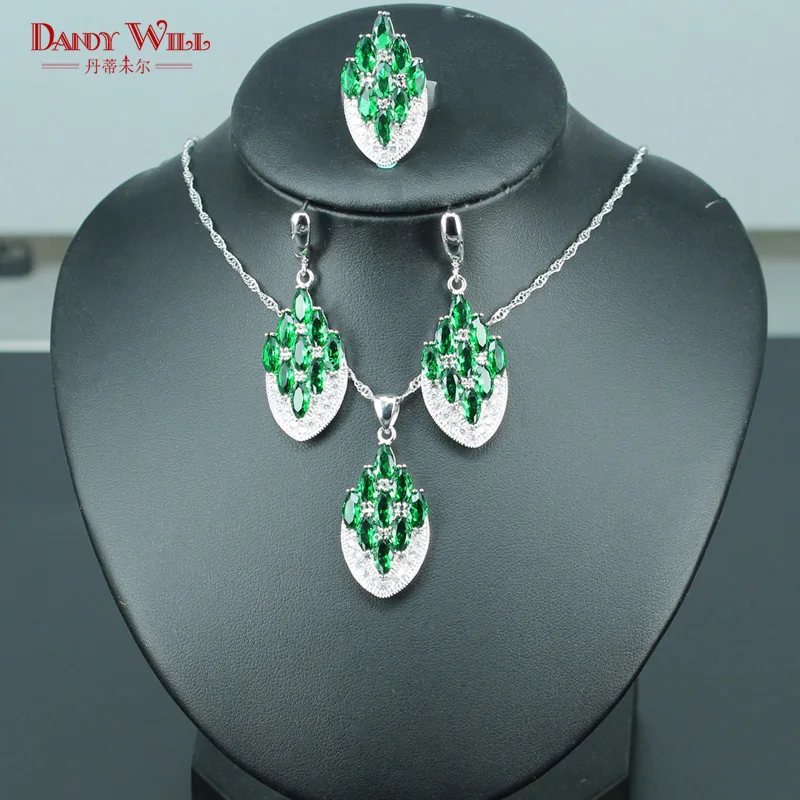 Elegant Bridal Jewelry Sets For Women Wedding Green CZ Stone 925 Silver Necklace/Earrings/Pendants/Ring Free Shipping | Украшения и