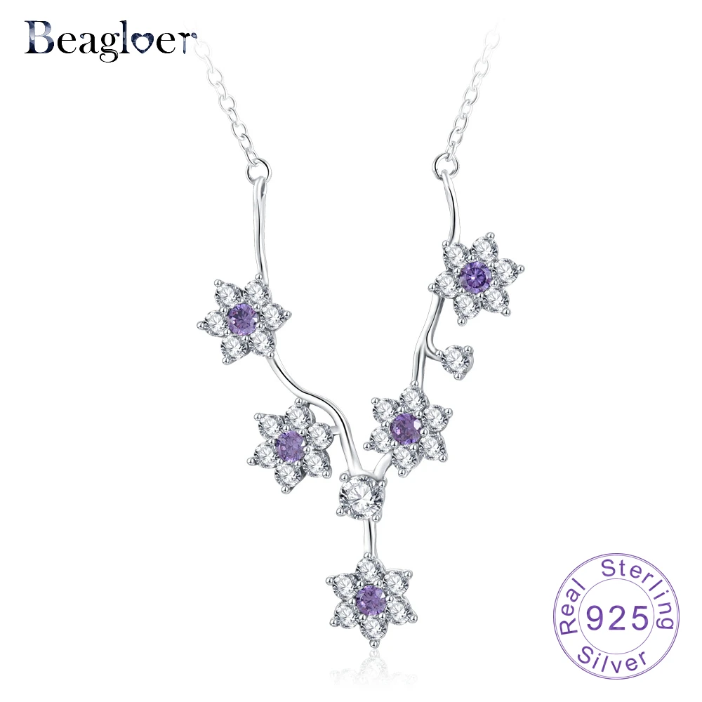 Beagloer 925 пробы серебряные цветы фиолетовый CZ Колье цепи и подвески для Для женщин