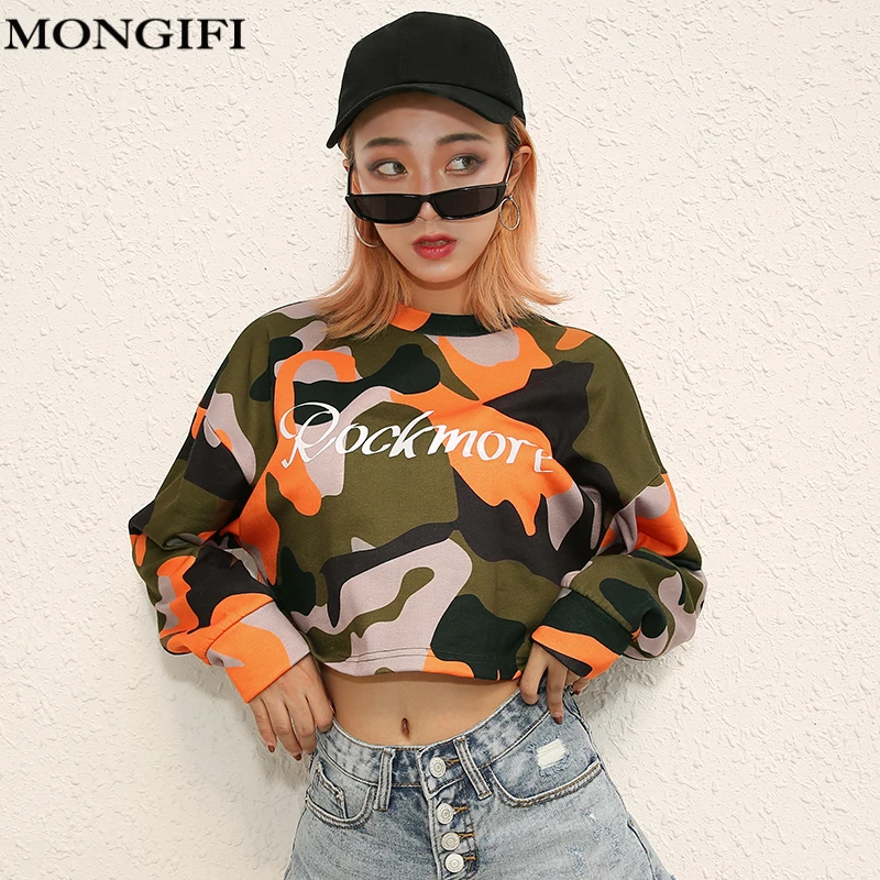 MONGIFI письмо Камуфляж Толстовка Для женщин укороченный топ Camo Hoodie Толстовки с