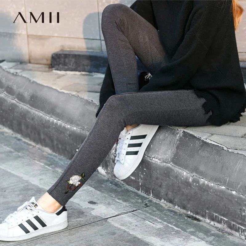 Amii винтажные Женские легинсы с цветами с вышивкой, весна, повседневные однотонные облегающие Женские штаны с эластичной резинкой на талии
