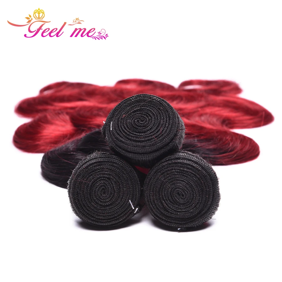 Feel Me Body Wave Brazilian Hair Weave 4 Bundles With Closure Ombre Human Lace 1b/burgundy Non remy | Шиньоны и парики