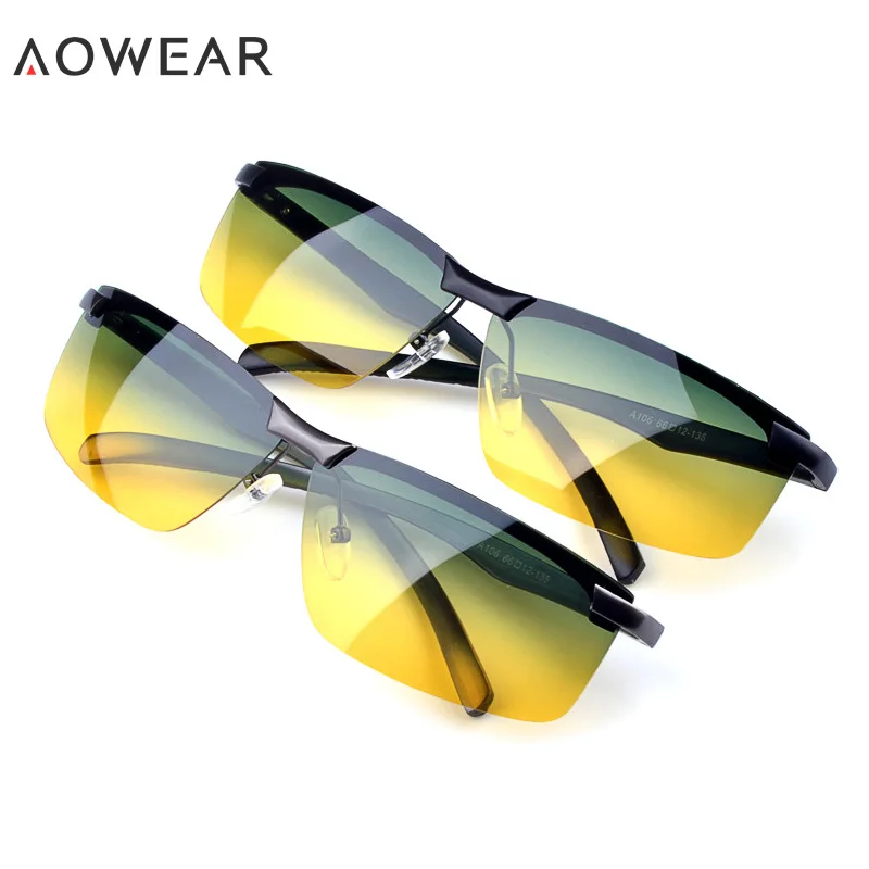 AOWEAR, день, ночь, водительские солнцезащитные очки, мужские, поляризационные, ночное видение, желтые очки, мужские, алюминиево-магниевые очки, солнцезащитные очки, чехол