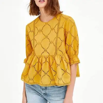 OYK8291 весенние женские кружевные блузки с круглым вырезом плиссированные рубашки