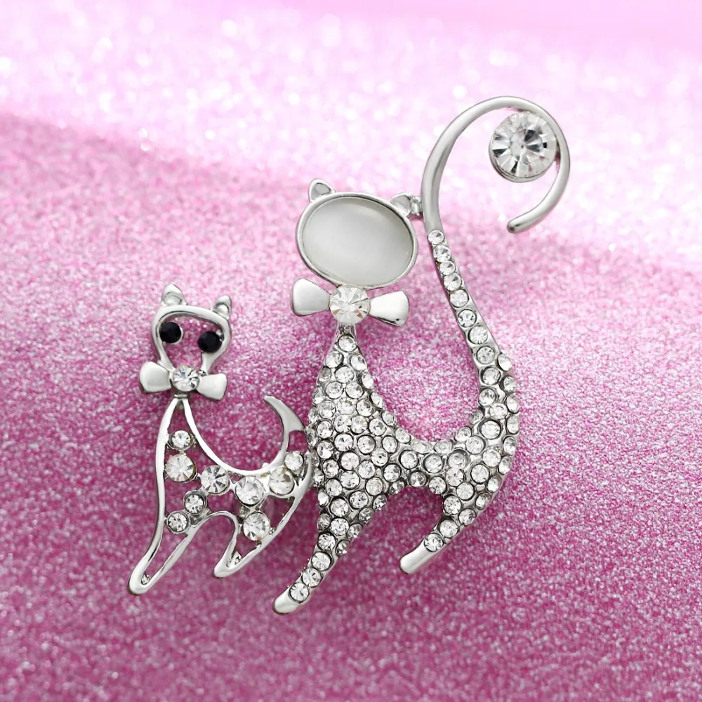 MINHIN Fashionable Opal Stone Animal Brooch Pins For Women Double Cat Jewelry Engagement Costume Accessories | Украшения и