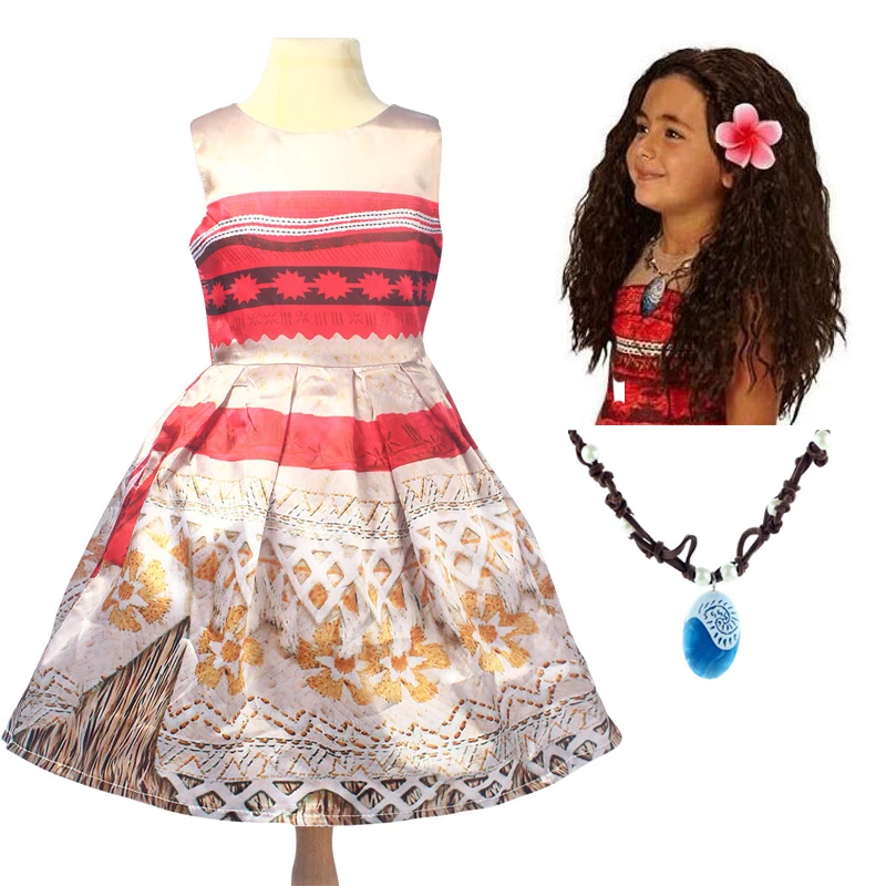 Kids Girl Princess Party Dress Moana Adventure Elsa Clothing Girls Set with wig and Necklace baby Vaiana Cosplay Clothes | Детская