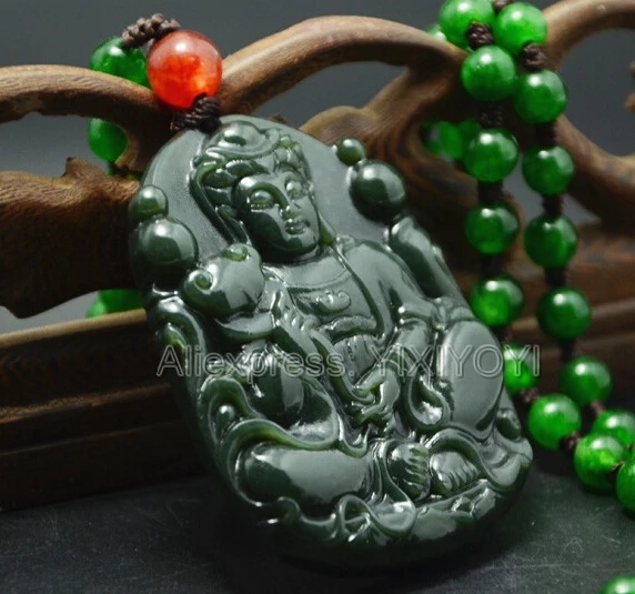 Красивый природный зеленый HeTian нефрит резной китайский GuanYin амулет счастливый
