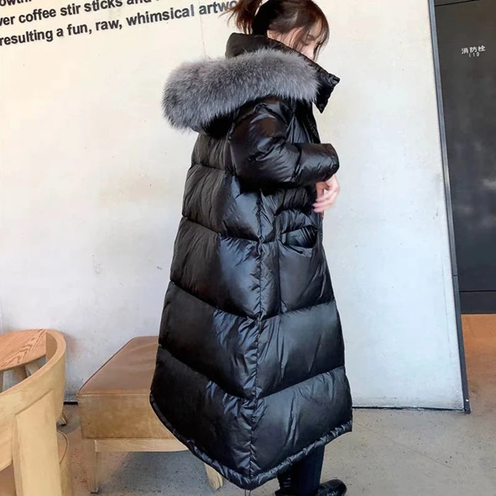 Женское пальто на утином пуху,, модное, длинное, женское, высокое качество, белый утиный пух, куртка, ультра-большой, натуральный мех, Воротник из енота