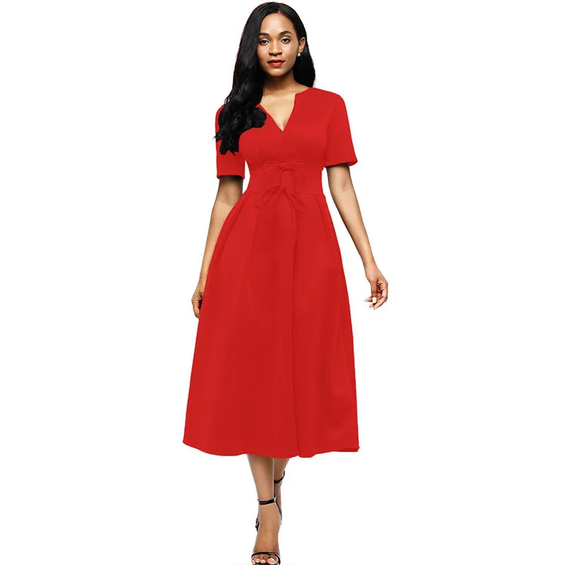 LOVEBATU Brand Ankle Length Dress Splicing Bow Tie Shot Sleeve Dresses | Женская одежда