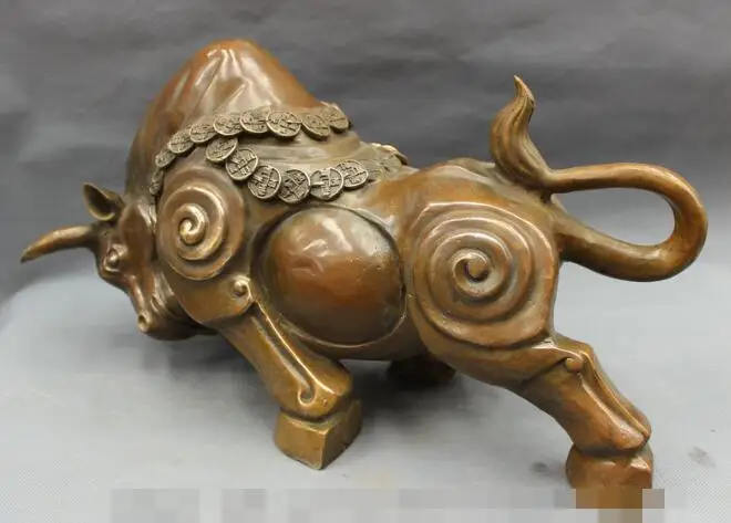 

S03897 18" Chinese Bronze Copper Marked Folk Year Zodiac Wealth Coin Bull Ox Statue