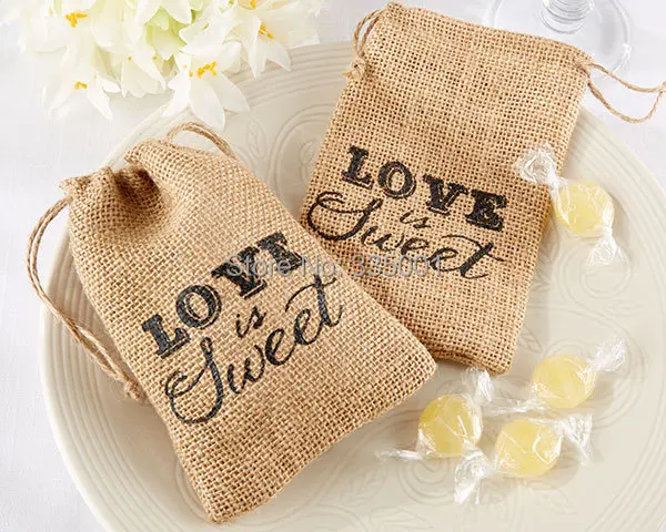 

wedding party candy box -- LOVE IS SWEET rustic mini burlap cloth drawstring baby shower muslin candy favor gift bag 50pcs/lot