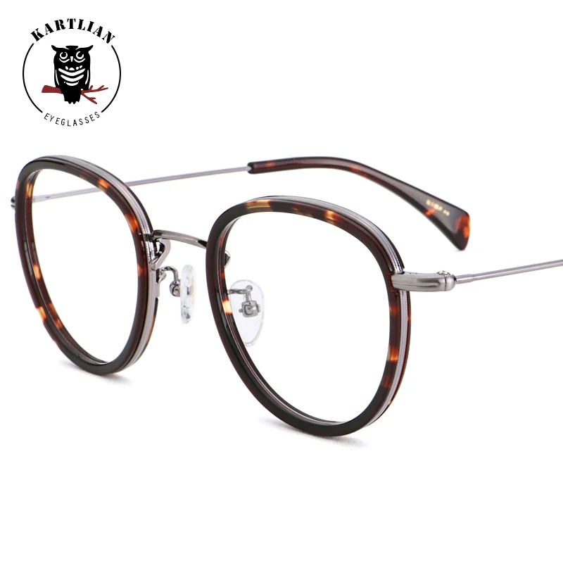Kartlian оптический Рамки очки круглые Glasse объектив линзами сплава ацетат ретро
