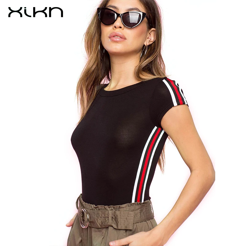 XIKN летние топы для женщин 2018 bodycon рубашка женские короткий рукав o-образным