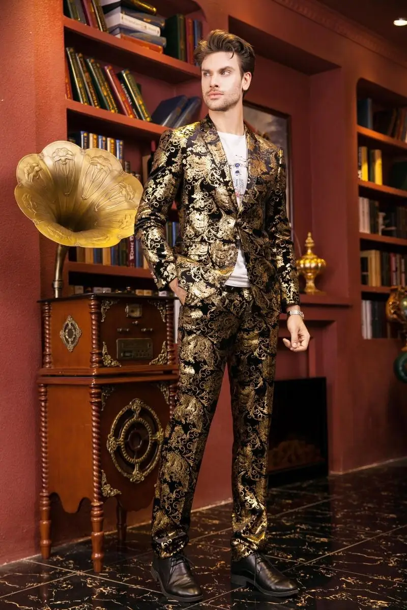 

Men's Gold Suit Three-piece Suit Nightclub Host Dress Set Traje Hombre 2019