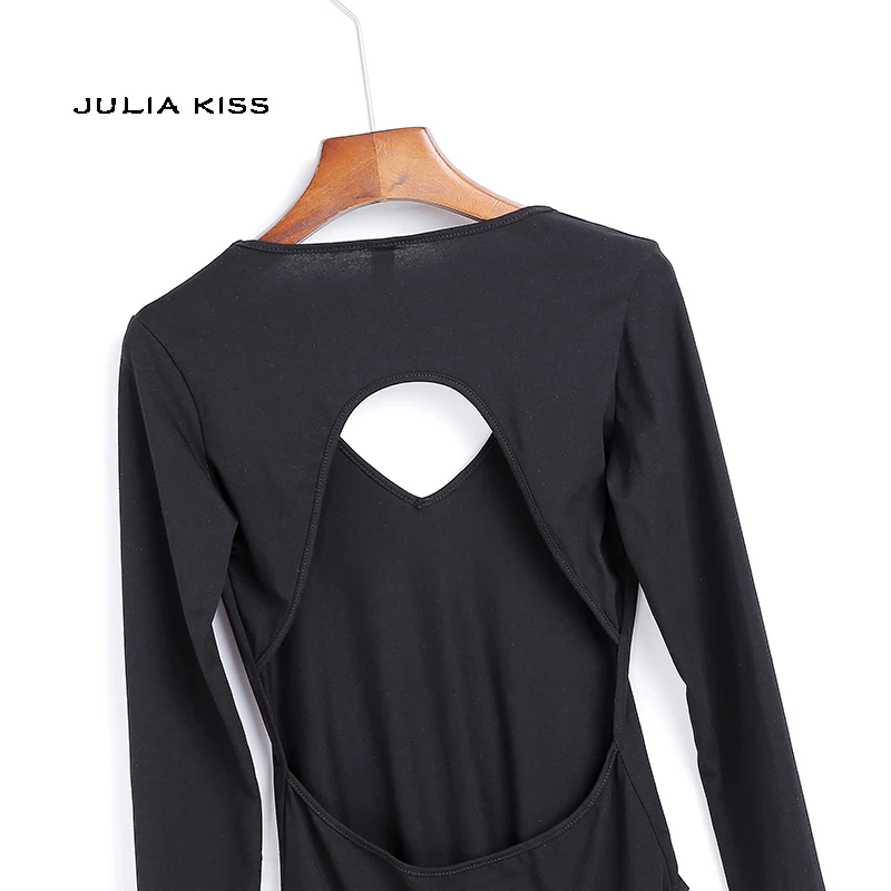 

Women Deep V Neck Long Sleeved Bodysuit with Hollow out Back