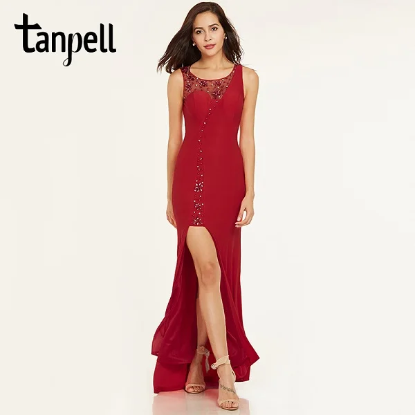 red Tanpell, длинное вечернее платье с разрезом спереди, черный, глубокое круглое декольте, без рукавов, длина до пола, ТРАПЕЦИЕВИДНОЕ ПЛАТЬЕ, недорогое вечернее платье с бусинами - Цвет: red