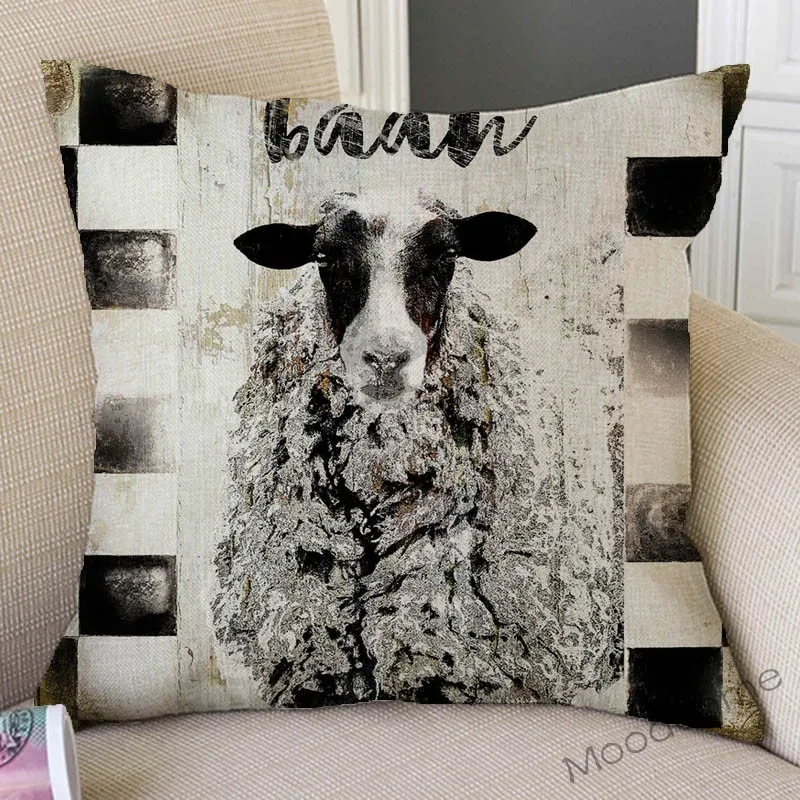 Vintage Farm Animals Rooster Cow Pig Sheep Home Decorative Sofa Throw Pillow Cover Sweet Farm Retro Cotton Linen Cushion Cover