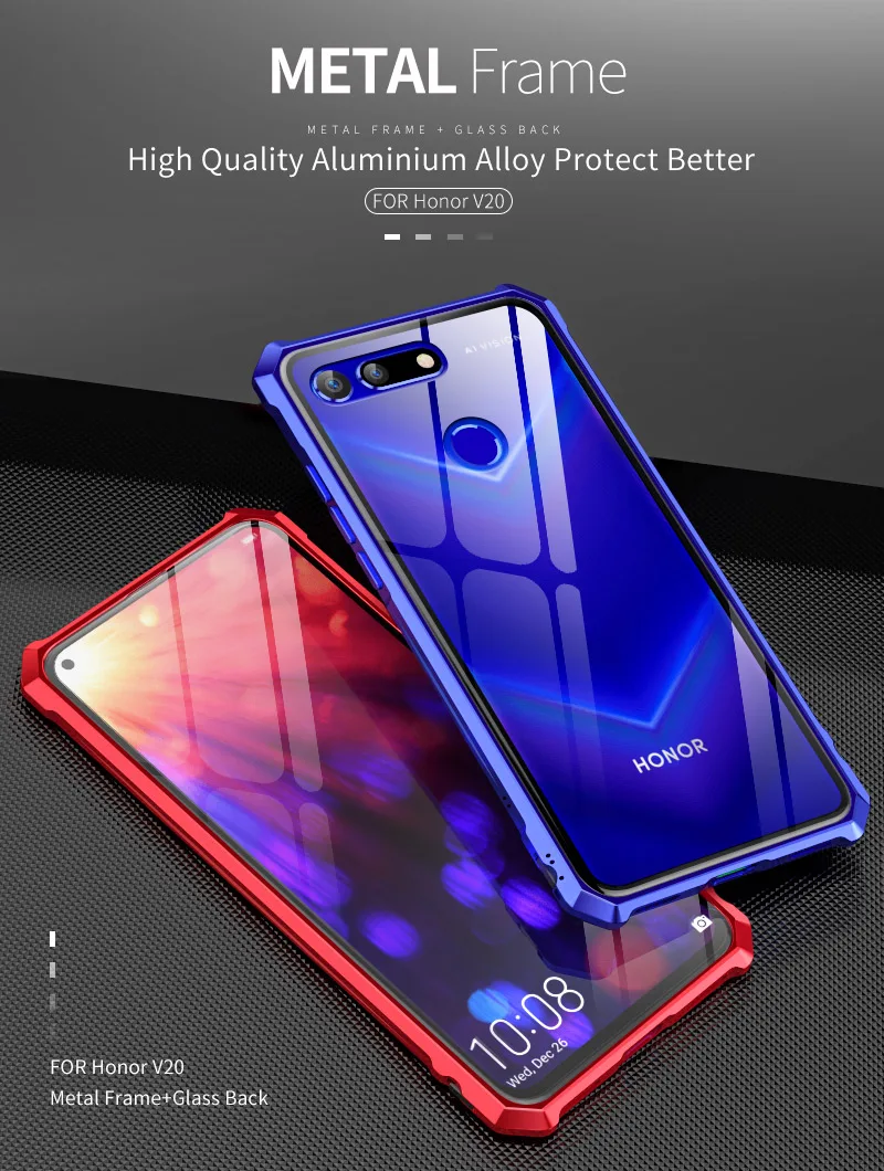 Для huawei Honor V20 чехол Роскошный Алюминиевый металлический каркас бампер и прозрачная задняя крышка из закаленного стекла для huawei View 20 чехол