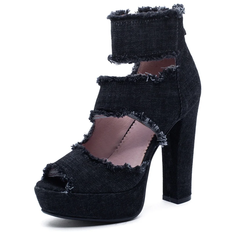 Black REAVE CAT/Новое поступление года; сезон весна-лето; женская обувь на высоком квадратном каблуке; на молнии; джинсовая обувь на платформе; пушистая обувь; цвет черный, синий; A2034 - Цвет: Black