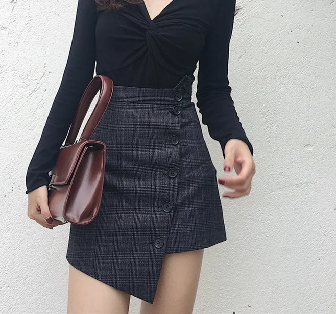 Женская Повседневная юбка Ulzzang Kawaii винтажная клетчатая однобортная