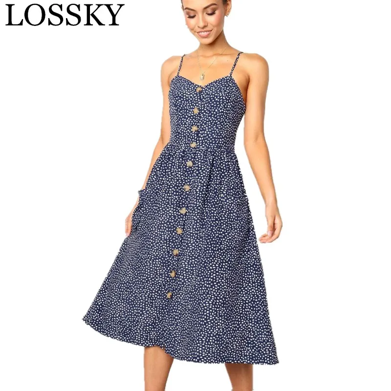 

A Line Elegant Button Strap Midi Dress Casual V Neck Dot Floral Striped Cotton Dresses Summer Beach Dresses For Women Vestidos