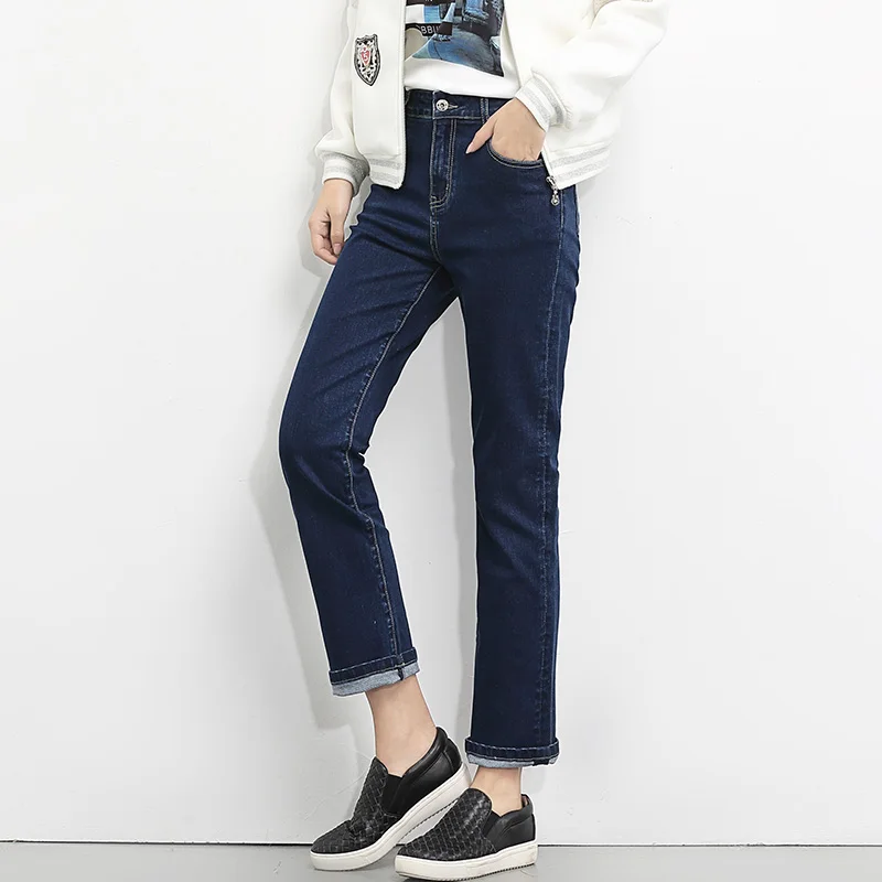 Женские джинсы стрейч LEIJIJEANS однотонные синие прямые свободные полной длины из