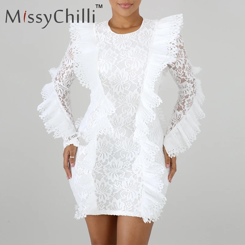 Женское кружевное Прозрачное платье MissyChilli Белое Облегающее Клубное мини