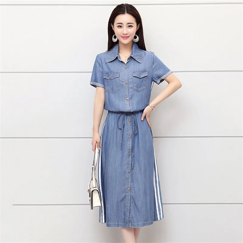 

Summer women denim dresses 2018 new short-sleeved single-breasted ladies dresses medium long large size loose ladies dress cw290