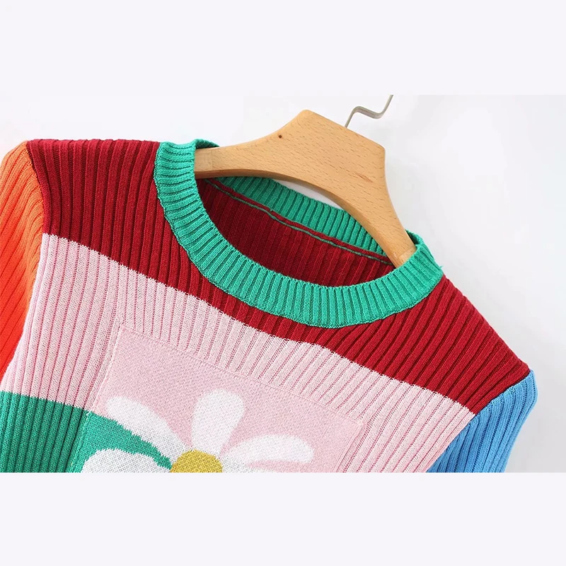 Ретро контрастный цвет милый Crewneck ромашка украшение тонкий свитер | Женская