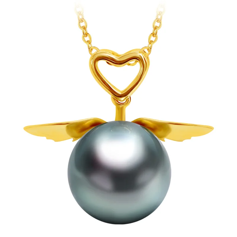 

YS 14K Solid Gold Angel Pendant 9-10 mm Natural Gray Saltwater Tahitian Pearl Pendant Necklace