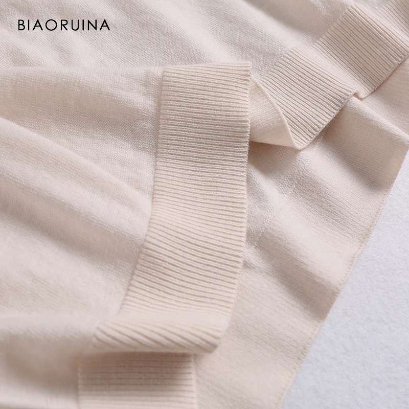 BIAORUINA Women Chic Merino Wool Thin Knitted Sweater Ddep V-neck Elegant Women's Solid Pullover Female Casual Sweaters | Женская
