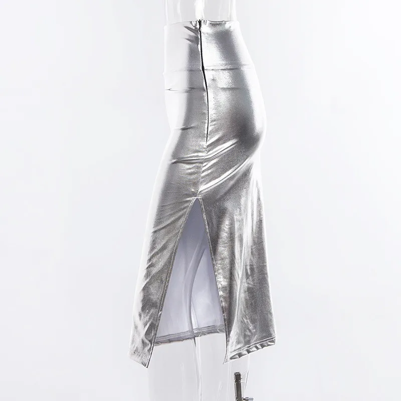 Yuqung silve lycra искусственная кожа Женская юбка миди в стиле 90-х винтажная короткая юбка с разрезом Весенняя повседневная юбка с высокой талией A76