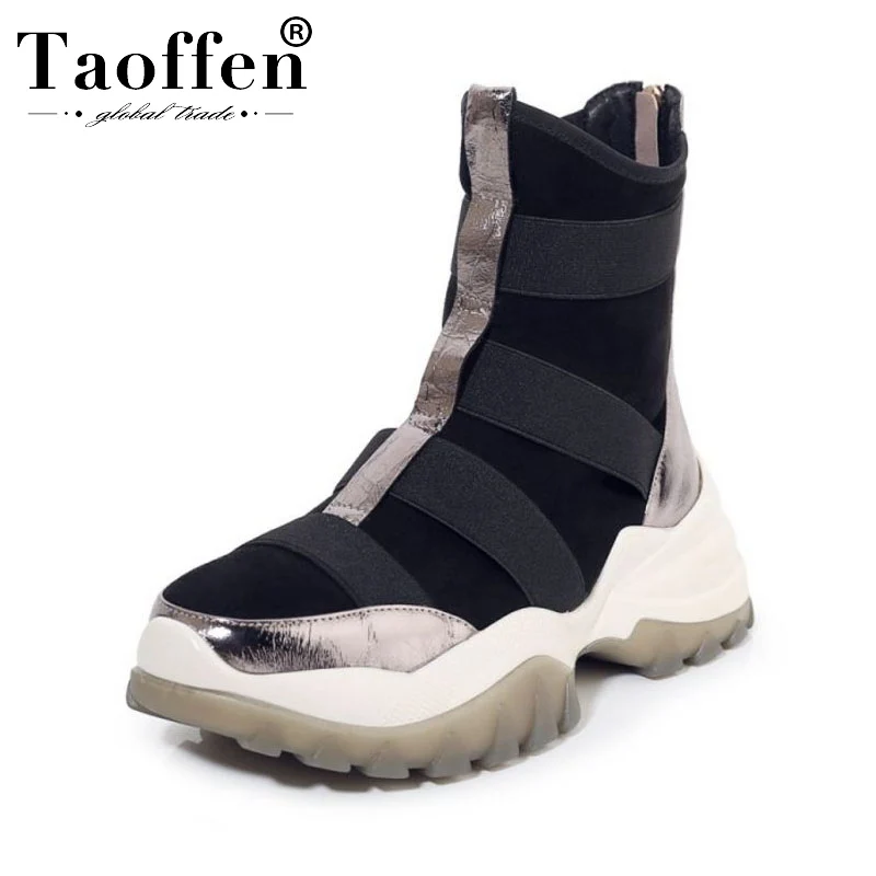 Taoffen 2020 Real Leather Ladies Winter Boots Soft Round Toe Fashion Sneaker Shoes Woman Thick Bottom Ankle Size 34-39 | Обувь