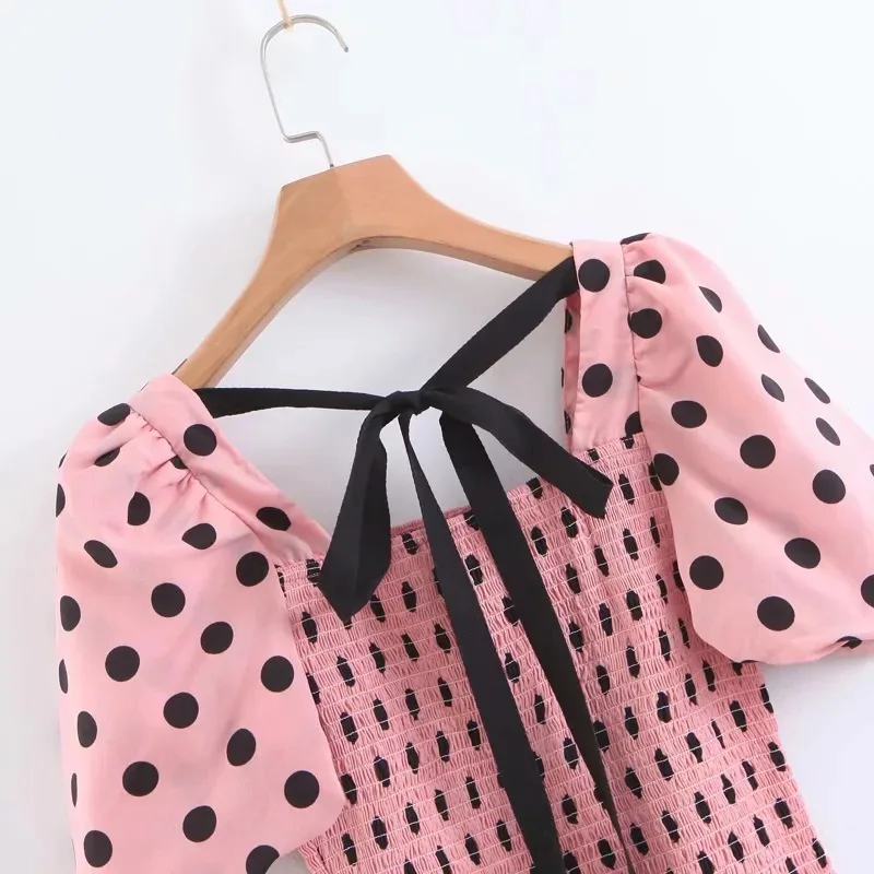 Runway Women Dots Shirt Sexy Square Collar Half Lantern Sleeves Blouse 2019 Summer Chiffon Super Elastic Shirts Sweet Clothing | Женская