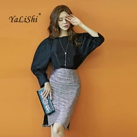 2 piece set 2018 autumn women black half lantern sleeve o neck vintage office lady top and knee length silvery party club skirt