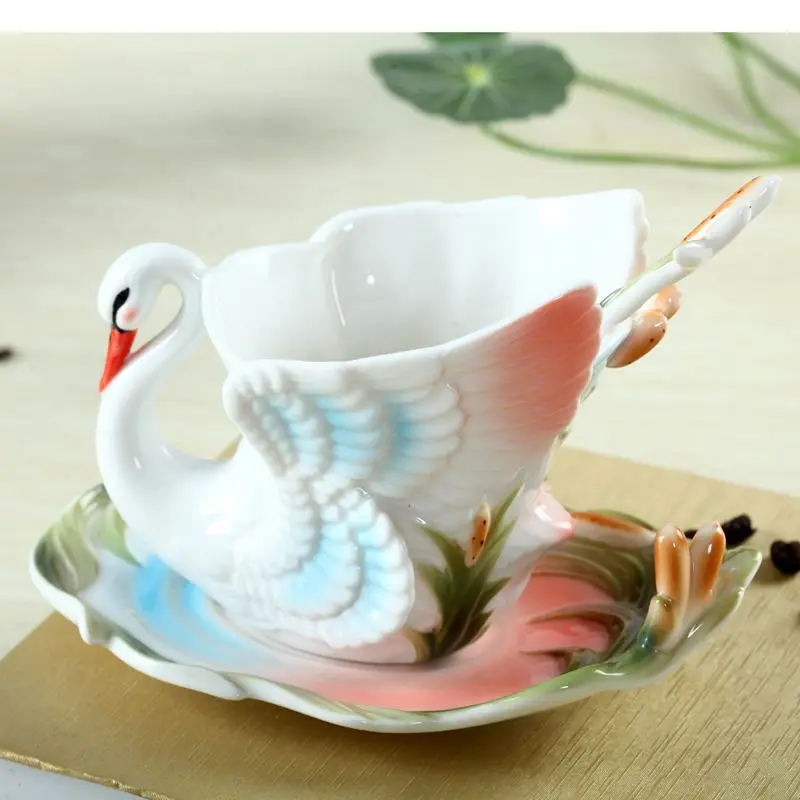 3D Creative Mug 160ml Chinese Swan Coffee Cups Milk Colored Enamel Porcelain Animal with Saucers and Spoons Lovely Gift | Дом и сад
