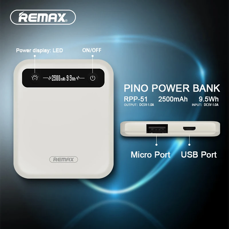 REMAX PINO power Bank 2500 мАч 9.5Wh Портативное зарядное мини-устройство полимерная батарея