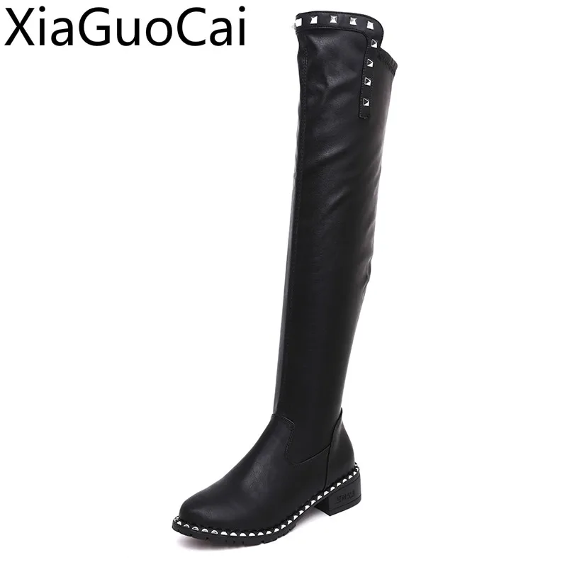 

Autumn/Winter Women's Over The Knee Boots Slip-On Flat Genuine Leather Female Boots Bottom with Elastic High Motorcycle Boots