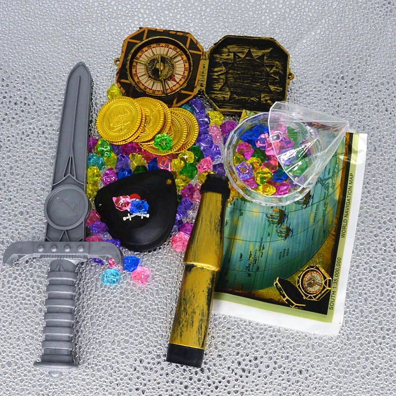 Children Treasure Box Map Gun Compass Hunting Chest Telescope Plastic Toy Gold Coins and Pirate Gems Jewelry Set Pack birthday|Сувениры