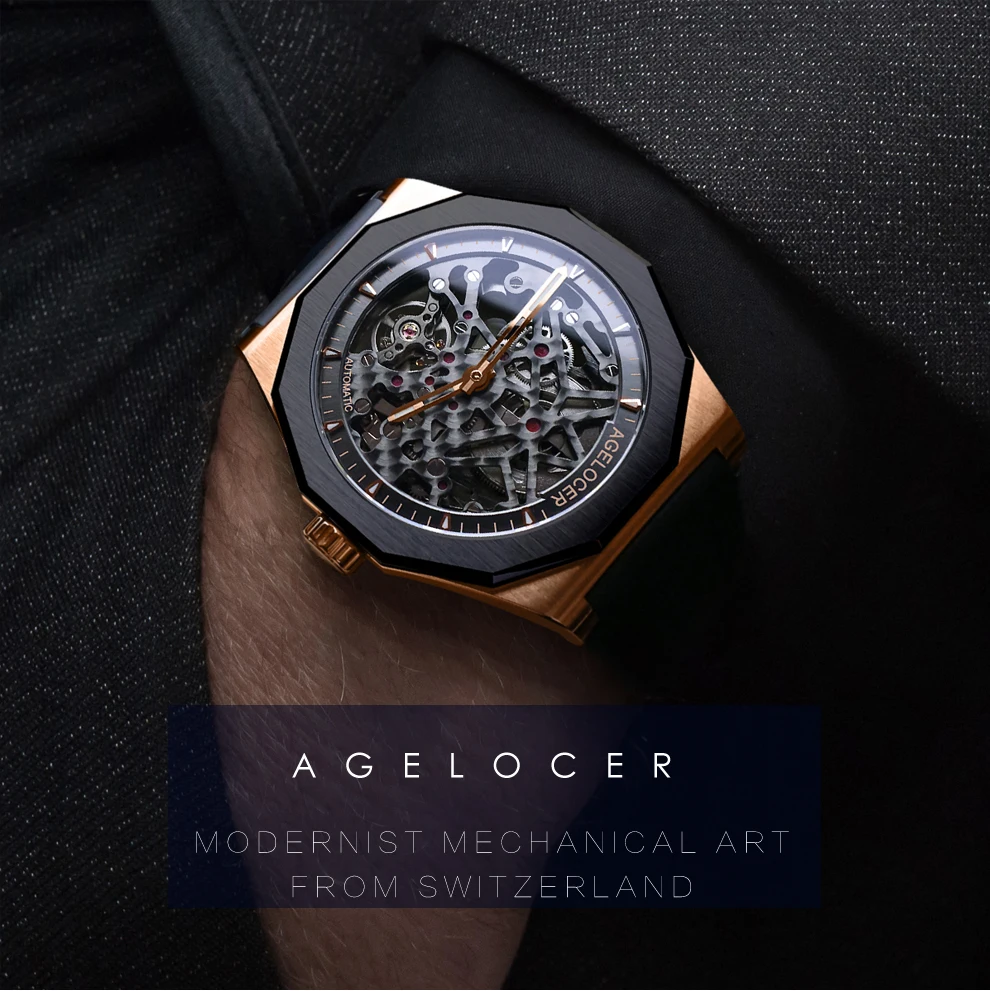 Agelocer, роскошные золотые часы, механические, со скелетом, спортивные, водонепроницаемые, с кожаным ремешком, мужские часы, автоматические 6001H1