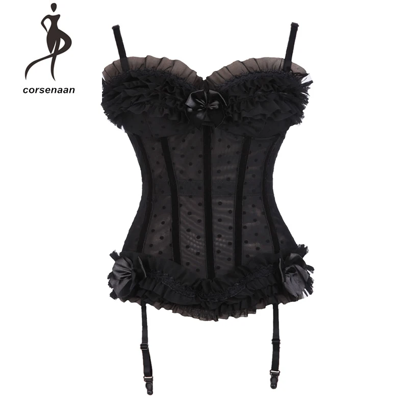 Кружевные корсеты готический черный горошек сетка Overbust Пуш ап бюстье Женское
