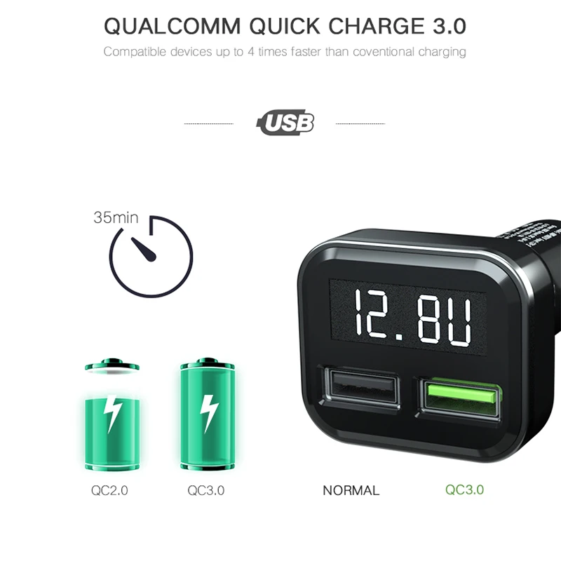Автомобильное зарядное устройство QC3.0 3.1A с двумя usb портами 2 порта ЖК дисплей 12 24