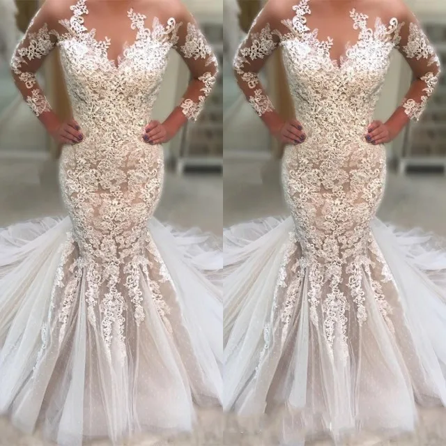 

New High Quality Appliqued Lace Tulle Wedding Dresses 2019 Long Sleeve Sweep Train vestidos de novia Mermaid Wedding Gown