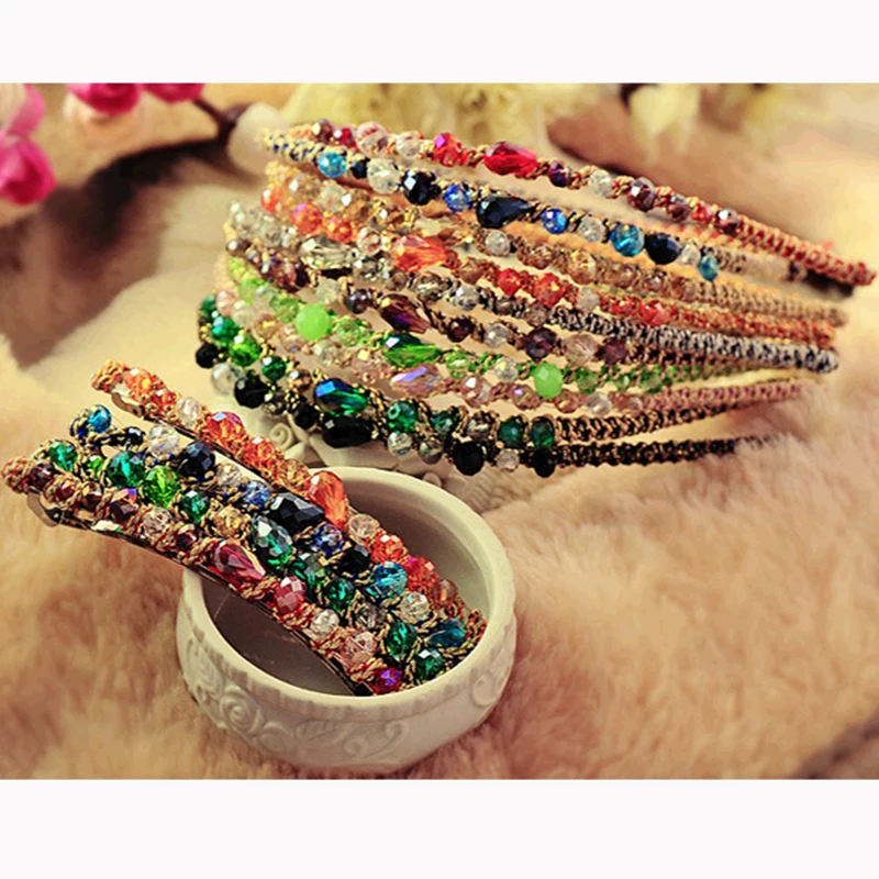 

Black Red Pink Many Fashion Colors Crystal Beads Rope Winding Thin Hairbands Hair Clips Barrettes Women Headwear Wholesale