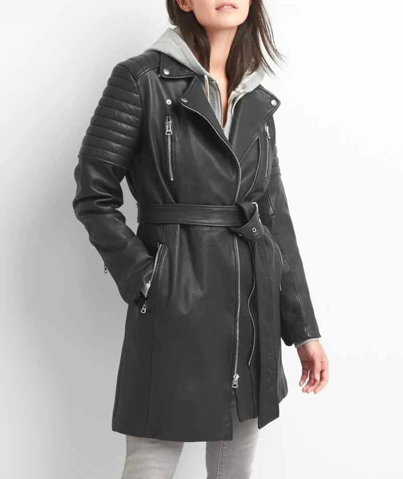 

High quality Europe and American woman genuine real natural sheepskin leather overcoat long trench jacket black winter clothing