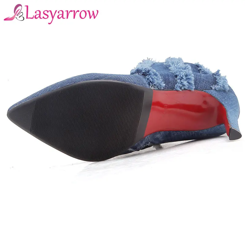 Lasyarrow 2018 Fashion Denim Ankle Boots Blue Lady's Tassel Pointed Toe Stilettos High Heels Autumn Winter Fringe Shoes Women | Обувь
