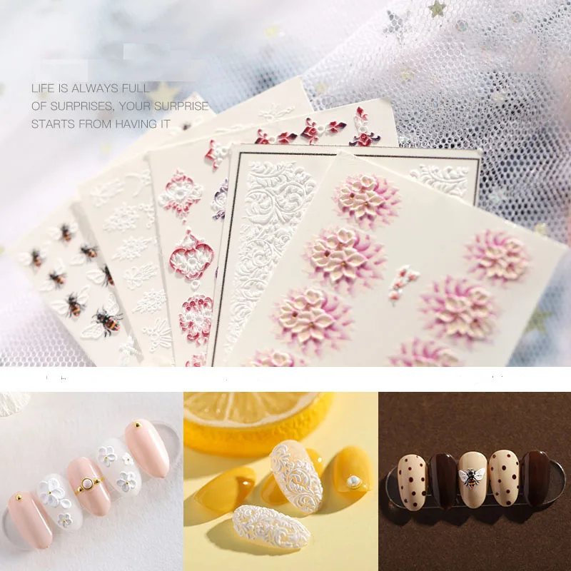 1 шт. 3D акриловые Выгравированные наклейка с цветком для ногтей тиснением розовый
